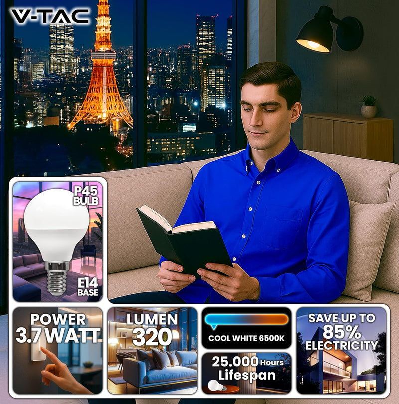 V-TAC 10 x LED Light Bulbs P45 Maximum Energy Efficiency E14 3.7 W (Equivalent to 25 W) 320 Lumen LED Light Bulbs Energy Saving Light Bulb Light 6500 K Cool White 3.7 watts Cold White
