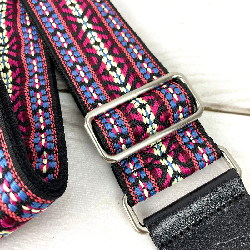 [AUSTRALIA] - Walker And Williams H-19-M Vintage Series Guitar Strap Red, Blue & Cream Yucatan Style Weave With Thick Leather Ends For Acoustic, Electric, And Bass Guitars 