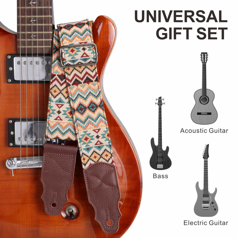 [AUSTRALIA] - Guitar Strap, Head Layer Cowhide Leather End, 2 Inches Wide, for Acoustic and Bass Electric Guitars, Free Button, 2 Strap Locks and 4 Guitar Picks Light Boho 