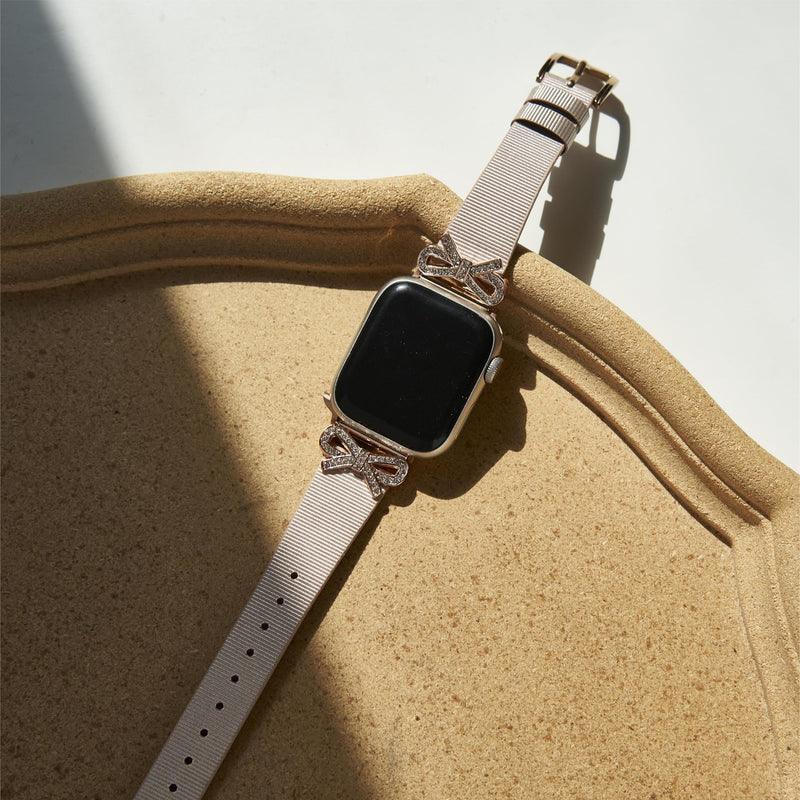Crystal Bowknot Geniune Leather Watch Band for Women Compatible for Apple Watch 38/40/41/42/44/45/46/49mm, Slim Leather Strap Ivory & Rose Gold 42(Series 10-11)/38/40/41mm