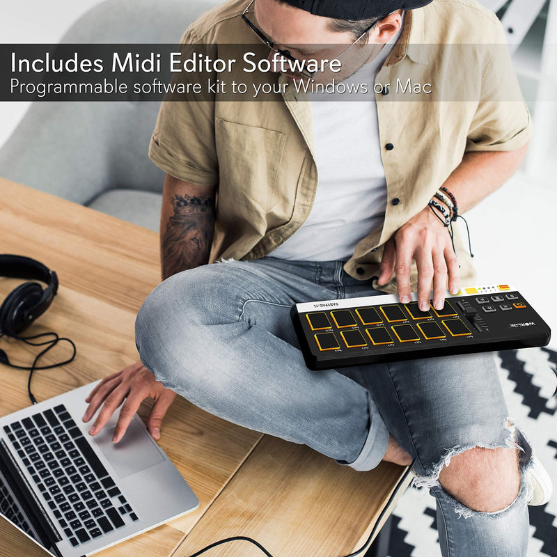 USB MIDI Controller Drum Pad - Mini Portable Beat Maker Workstation Equipment w/ 12 Drum Pads, DJ Fader Slider & Transport Buttons - Control any DAW Software Kit for Laptop Recording - Pyle PMIDIPD20
