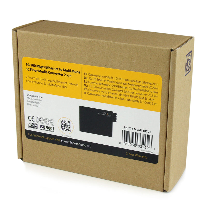 StarTech Multi-Mode (MM) SC Fiber Media Converter, 2km, TAA (MCM110SC2) | 10/100Mbps Networks, Standalone Ethernet to SC MM Fiber Media Converter, 1310nm, For No Chassis Mount 2km | 10/100 Mbps