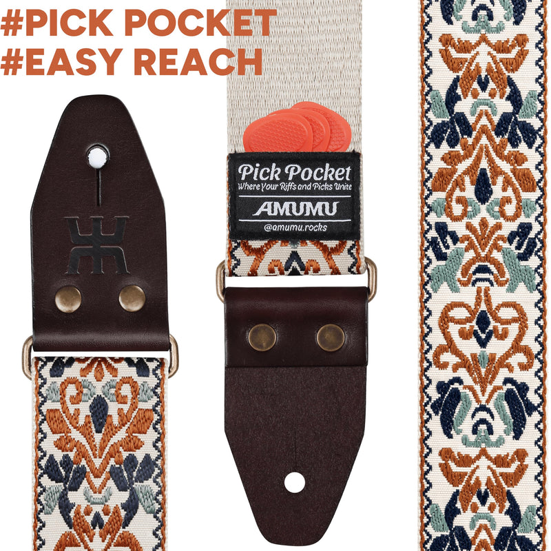 [AUSTRALIA] - Amumu Beige Brown Spades Heart Embroidery Guitar Strap - Vintage Style with Top Grain Cowhide Leather Ends & Pick Pocket - Fits Bass, Electric, Acoustic Guitars 