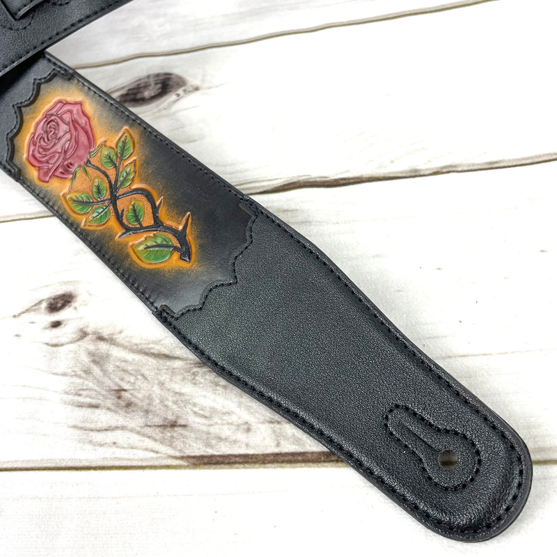 Walker & Williams CVG-56 Black Leather Strap With 100% Hand Tooled Red Rose Design