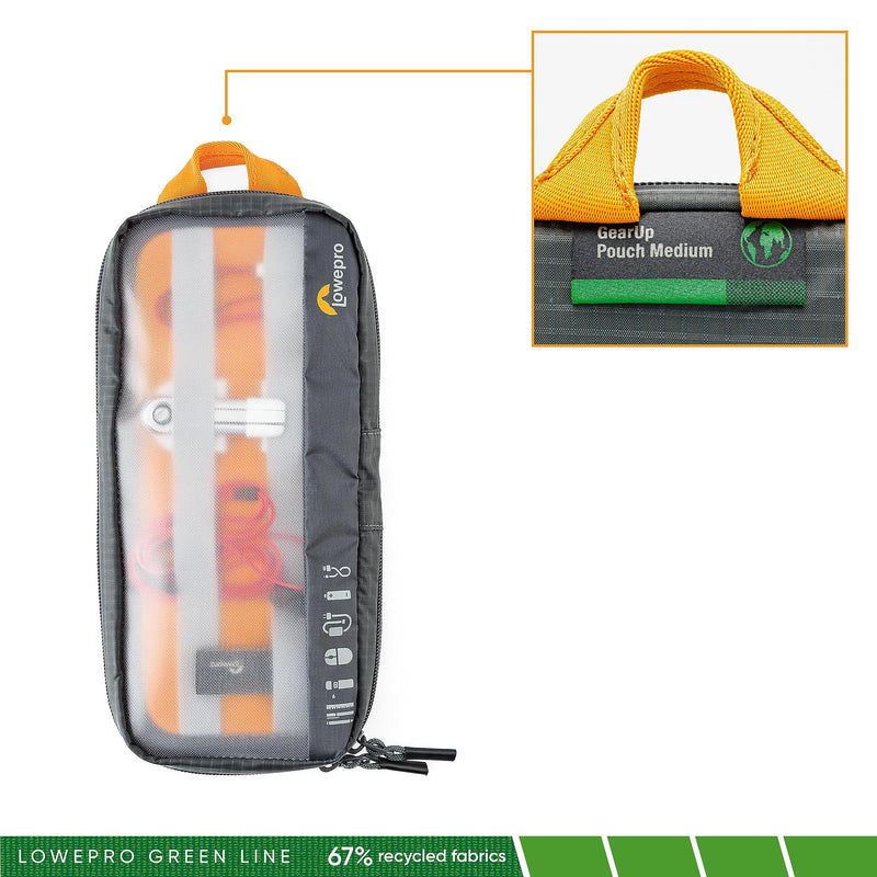Lowepro GearUp Pouch Medium, Travel Essentials, Travel Case for PC Cords, Cables, Adapters, Batteries, Chargers, USB Sticks, Laptop Accessories, Made of Recycled Fabric, Grey Pouch Medium - New