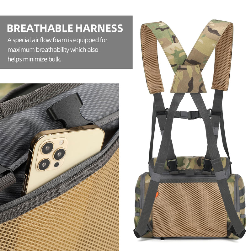 Binocular Harness Hunting Chest Pack, Adjustable Bino Harness Pack with Rain Cover for Hunting, Travelling (Green) Camogreen