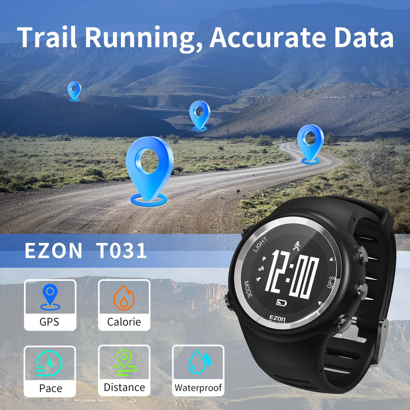 EZON GPS Running Watch with Speed Distance Pace Alarm and Calorie Counter and Stopwatch for Men T031 Black Athletic