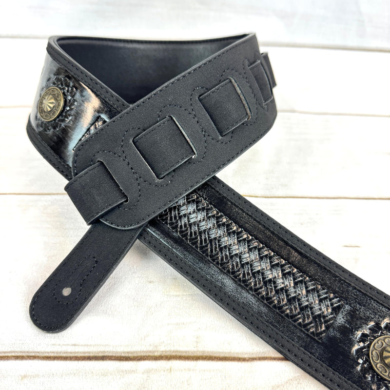 [AUSTRALIA] - Walker & Williams GE-102 Antique Black Padded Strap With Tooled Barcelona Weave And Brass Conchos 