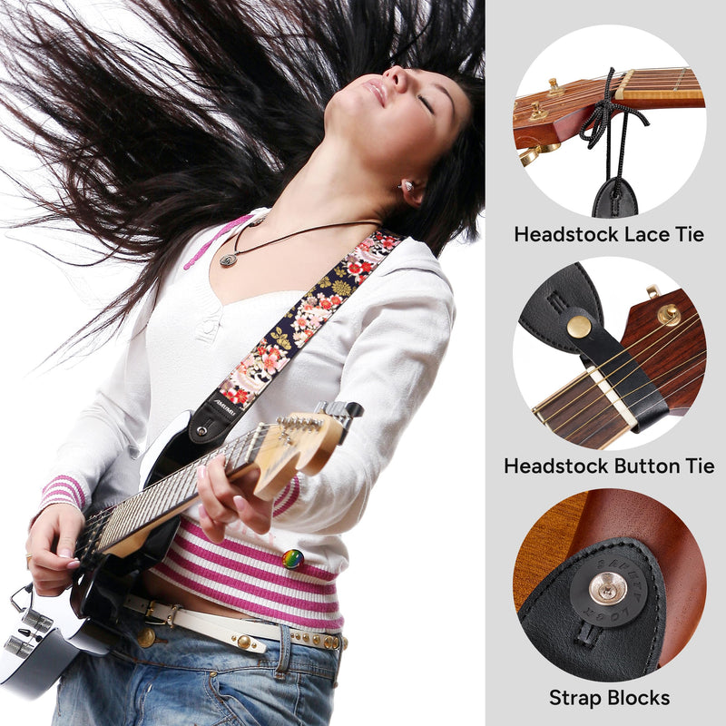 Amumu Guitar Strap – 2" Peony & Crane Pattern, Microfiber Leather Ends, for Acoustic, Electric, Bass Guitars, Adjustable 36" - 63" Peony Crane