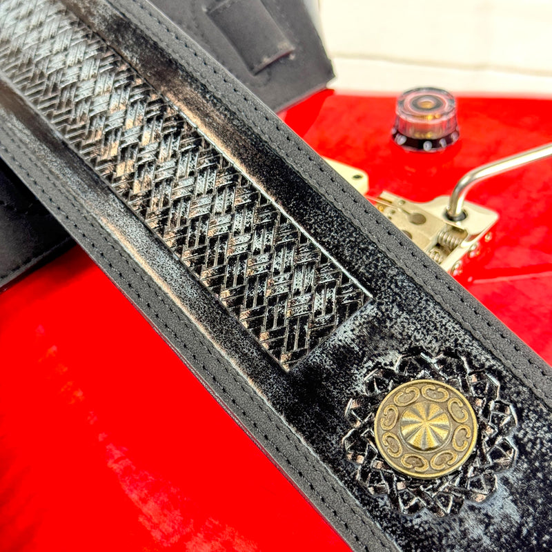 [AUSTRALIA] - Walker & Williams GE-102 Antique Black Padded Strap With Tooled Barcelona Weave And Brass Conchos 