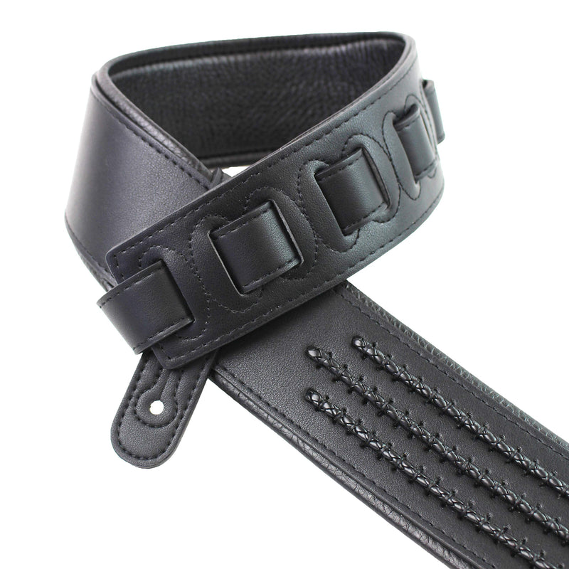 Walker & Williams G-55-BLK Matte Black Padded Guitar Strap with Black Leather Lacing