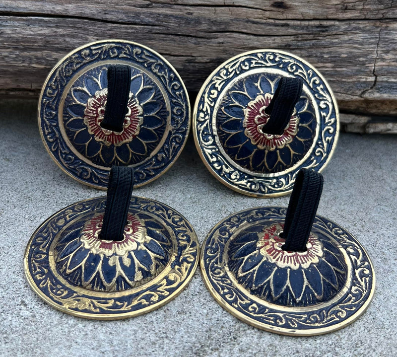 Belly Dancing Floral Lotus Pro Finger Zills Cymbals Hand Crafted Solid Brass Blue