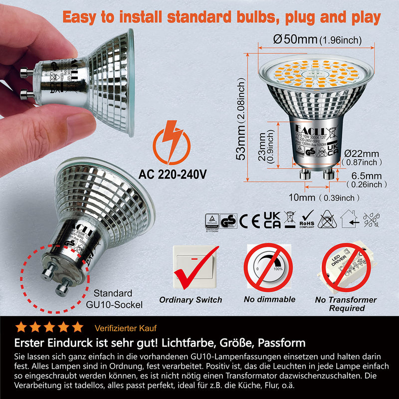 EACLL GU10 LED Warm White 10 W Replaces 140 W Halogen Bulbs, Pack of 2, 1050 Lumen 3000 K Bulbs, AC 230 V Flicker-Free Spotlight, Beam Angle 120 Degree Spotlight, Non-Dimmable Reflector Lamps 10 W 3000 K Warm White Light 2 Stück (1er Pack)