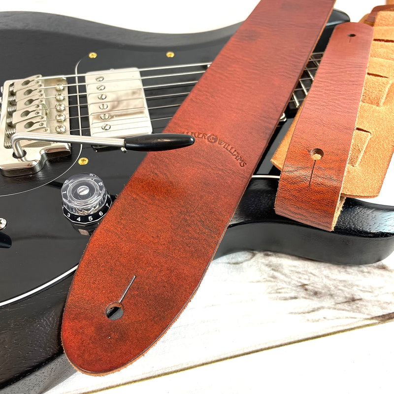 Walker & Williams S-02 Heavy Textured Whiskey Brown Full Grain Extra Thick Soft Italian Leather Rugged Finish Guitar Strap For Acoustic, Electric, And Bass Guitars