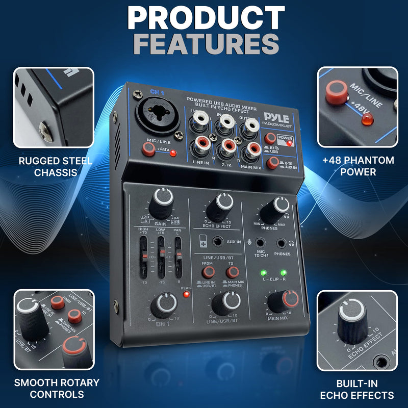 Pyle Professional Wireless DJ Audio Mixer- 3-Channel Bluetooth DJ Controller Sound Mixer w/USB Audio Interface, Combo Jack XLR+6.35mm Mic/Line/Guitar In, 3.5mm, RCA, AUX, Headphone Jack- PAD33MXUBT.5