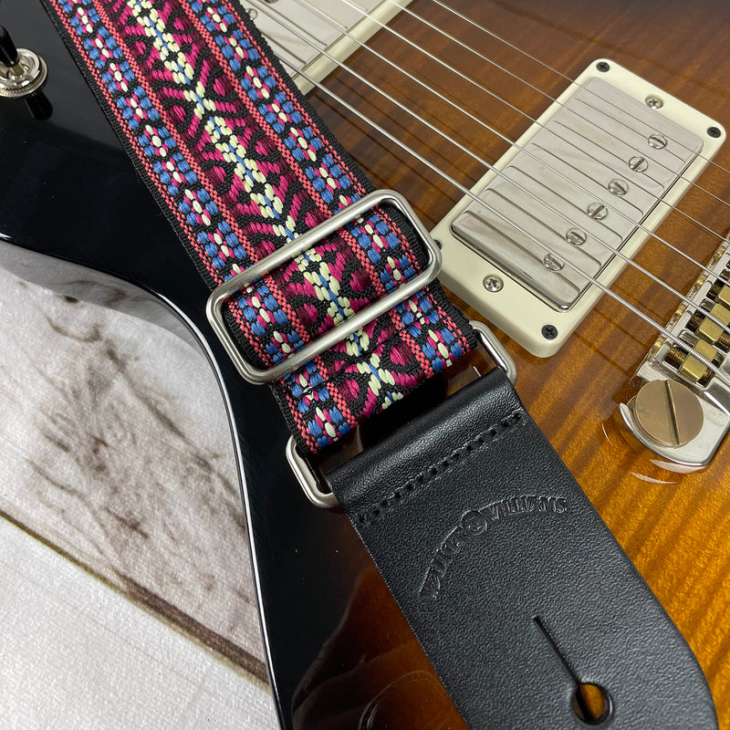 [AUSTRALIA] - Walker And Williams H-19-M Vintage Series Guitar Strap Red, Blue & Cream Yucatan Style Weave With Thick Leather Ends For Acoustic, Electric, And Bass Guitars 