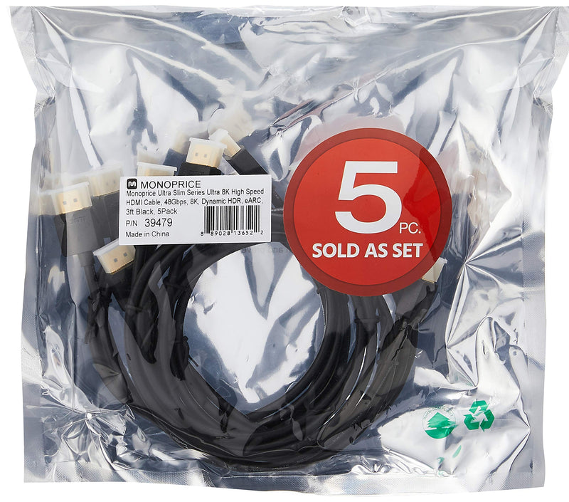 Monoprice 8K Ultra High Speed Slim HDMI Cable - HDMI 2.1, 8K@60Hz, 4K@120Hz, 48Gbps, HDR, VRR, 3ft, Black - 5 Pack 3 Feet