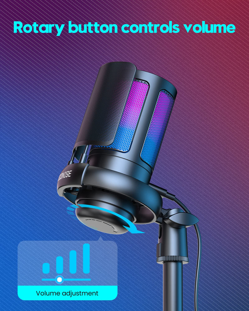 Gaming Microphone, USB PC Mic for Podcasts Videos, Streaming, Condenser Mic with Quick Mute, Tripod Stand, Pop Filter, RGB Indicator, Shock Mount, Rotate gain button, Compatible with PS4/5/PC With Stand