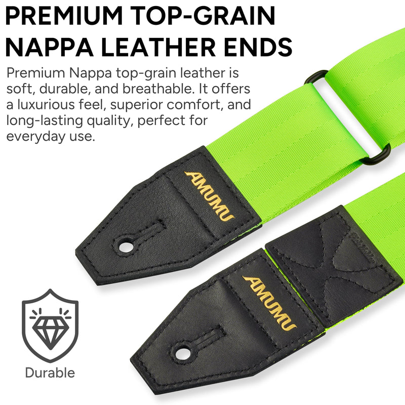 Amumu DURALINK Nylon Seatbelt Guitar Strap with Top Grain Leather Ends for Acoustic, Electric, Bass Guitar, with Quick-Fetch Pick Holder -Neo Green Neo Green