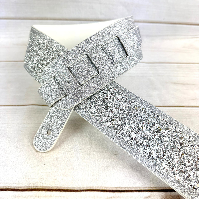 Walker & Williams WW-GL-108 Aria Glow Silver Super Sparkle Glitter Bomb Padded Guitar Strap White Glove Leather Back For Acoustic, Electric, And Bass Guitars