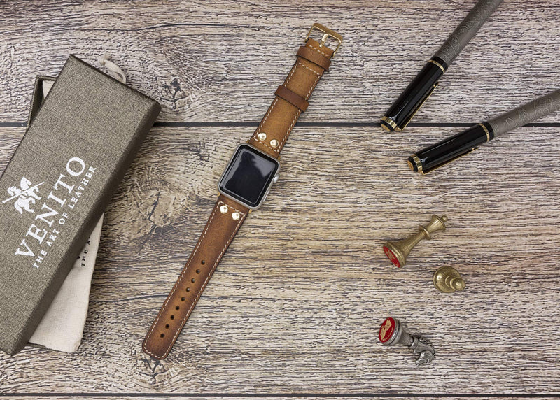 Venito Como Leather Watch Band Compatible with the Apple Watch Series 1,2,3,4,5,6,7,SE 44mm/42mm/40mm/38mm w/Stainless Steel Hardware Antique Brown w/Gold Connector&Clasp 38mm-40mm