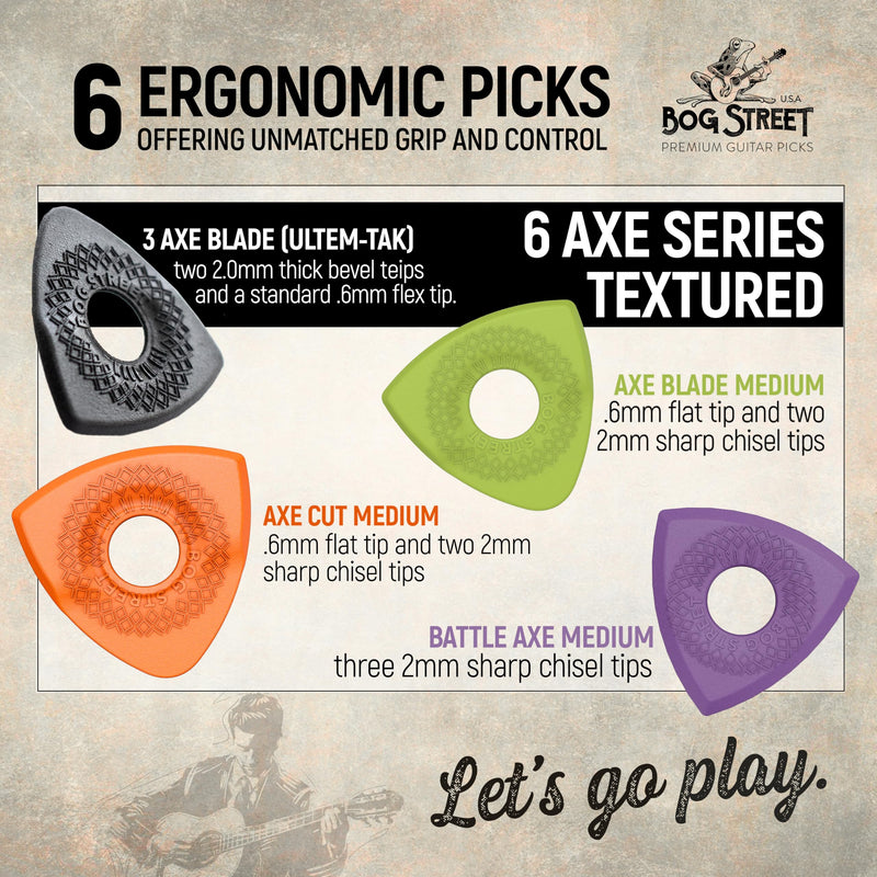 [AUSTRALIA] - Bog Street Textured AXE Series Ergonomic Guitar Picks Thin Guitar Pick Pack of 6 with CUT, BLADE & BATTLE AXE Picks for Guitar - Made in USA Non Slip Guitar Picks Thick and Thin Pack 