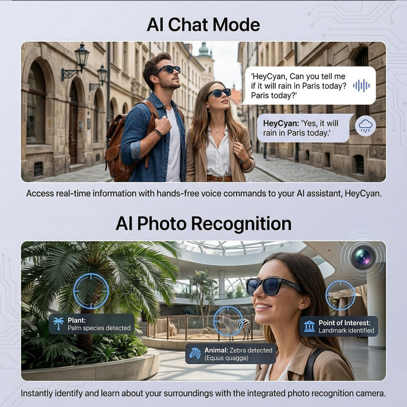 AI Smart Glasses with Camera, 1080P HD POV First-Person View Video Recording and Translator, AI Object Recognition, Bluetooth Audio, 290mAh Battery, Photochromic Lenses for Sports, Travel, Work