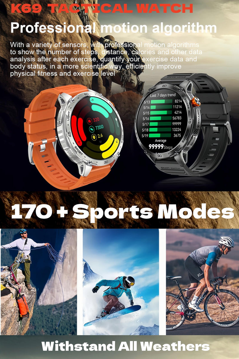 Military Smart Watch, 1.75" Crystal Ultra-Clear AMOLED Display,Spo2 Blood Oxygen Heart Rate Monitor Super Long Standby 730mAh Battery, Bluetooth Calling,LED Flashlight,IP68 Waterproof (Black) Black