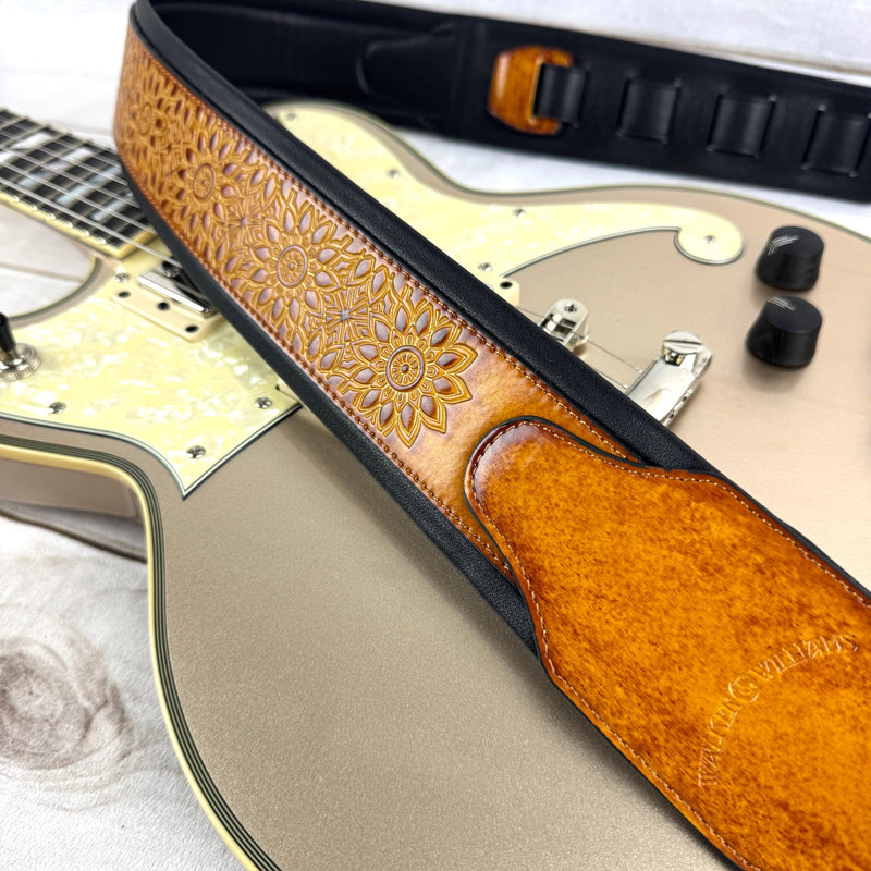 Walker & Williams GB-34 Latigo Tan Padded Leather Strap with Zodiac Star Pattern For Acoustic, Electric, And Bass Guitars