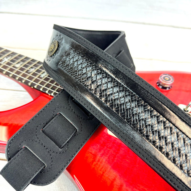 [AUSTRALIA] - Walker & Williams GE-102 Antique Black Padded Strap With Tooled Barcelona Weave And Brass Conchos 