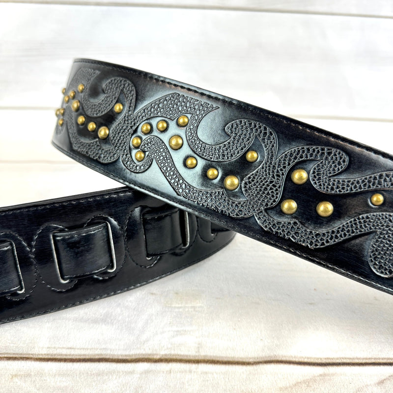 Walker & Williams GE-217 Midnight Blue Handmade Padded Leather Guitar Strap with Celtic Tooling and Brass Studs For Electric, Acoustic, And Bass Guitars