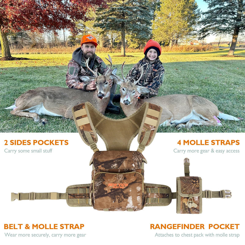 NEW VIEW Binocular Harness Chest Pack with Detachable Rangefinder Pouch, Adjustable Bino Harness & Rain Cover, Ideal for Hunting, Hiking - Camo & Quiet L