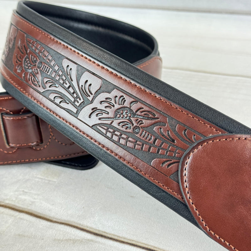 [AUSTRALIA] - Walker & Williams G-110 Mahogany Brown Padded Guitar Strap with Embossed Live Oak Tooling For Acoustic, Electric, And Bass Guitars 
