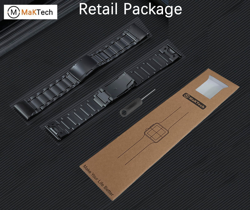 Titanium Garmin QuickFit 22mm Watch Band, 5-Link Bracelet, Black | MaKTech Lightweight Outdoor Strap, Hidden Deployment Clasp, for Garmin Fenix 8 47mm/E 47mm/7/6, Instinct 2