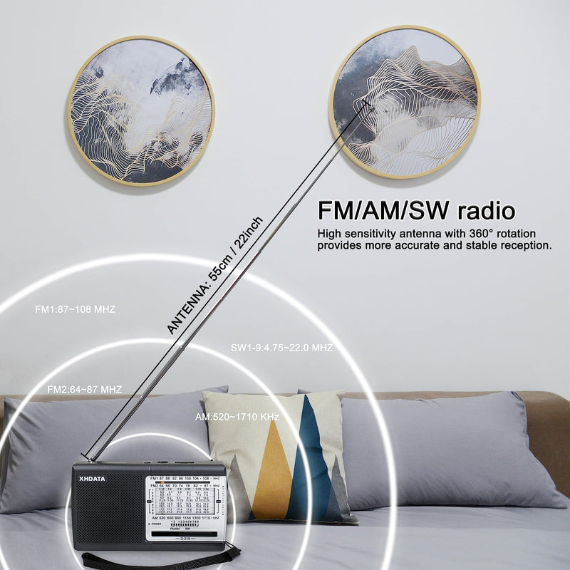XHDATA D219 Portable AM FM Shortwave Radio Battery Operated Small Great Reception Radio with Good Sound,Earphone Jack for Gift Elder,Home,Child [Gray] Gray