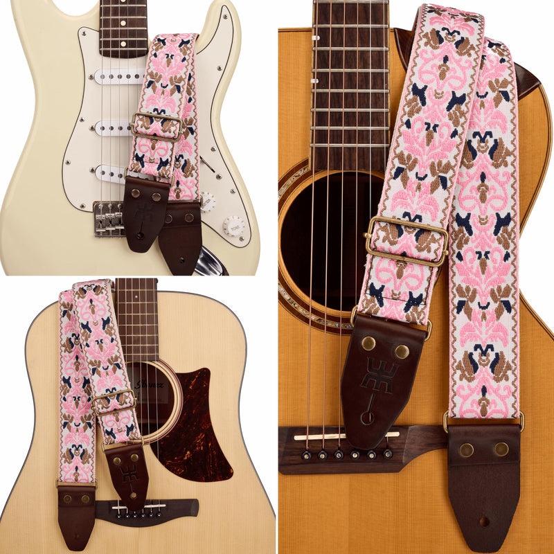 Amumu Pink Spades Heart Embroidery Guitar Strap - Vintage Style with Top Grain Cowhide Leather Ends & Pick Pocket - Fits Bass, Electric, Acoustic Guitars