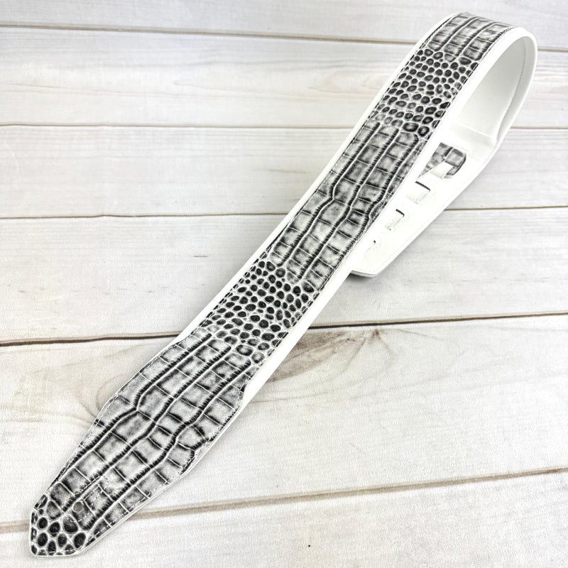 Walker & Williams F-23 Black Water Alligator Strap 3" Wide With Arctic White Padded Glove Leather Back For Acoustic, Electric, And Bass Guitars