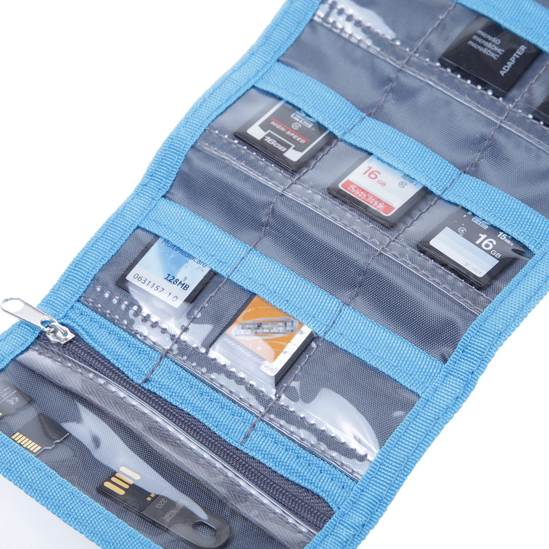 Memory Card Wallet - SD Card Storage - Slim and Foldable with Transparent Slots - Can Carry Up to 15 SD Cards - Straps with Tether Included - (Black/Blue) for SD Cards - Black & Blue