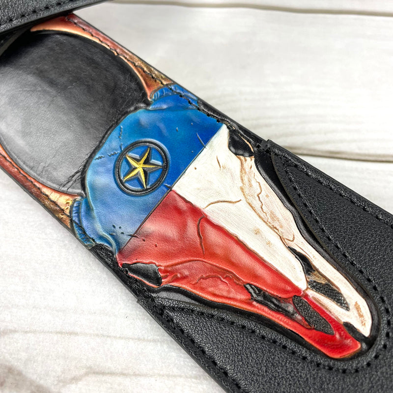 Walker & Williams CVG-19 Black Handmade Guitar Strap With Hand Tooled Red, White, And Blue Texas Star Longhorn Design On Premium Carving Leather For Acoustic, Electric, And Bass Guitars