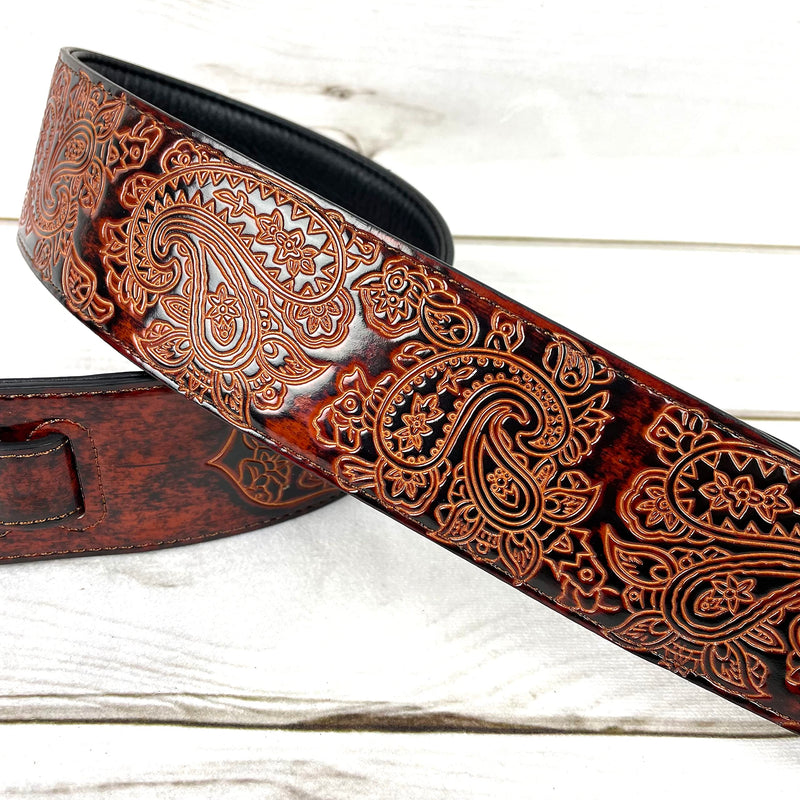 Walker And Williams GB-32 Handmade Bourbon Brown Padded Guitar Strap with Vintage Paisley Pattern For Acoustic, Electric, And Bass Guitars