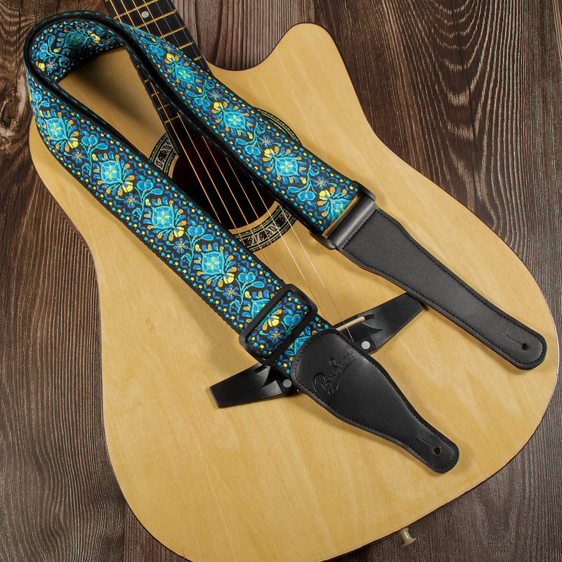 Guitar Strap, Jacquard Embroidered Cotton Straps with Genuine Leather Ends Shoulder Strap for Bass, Acoustic, Electric Guitar Retro Teal