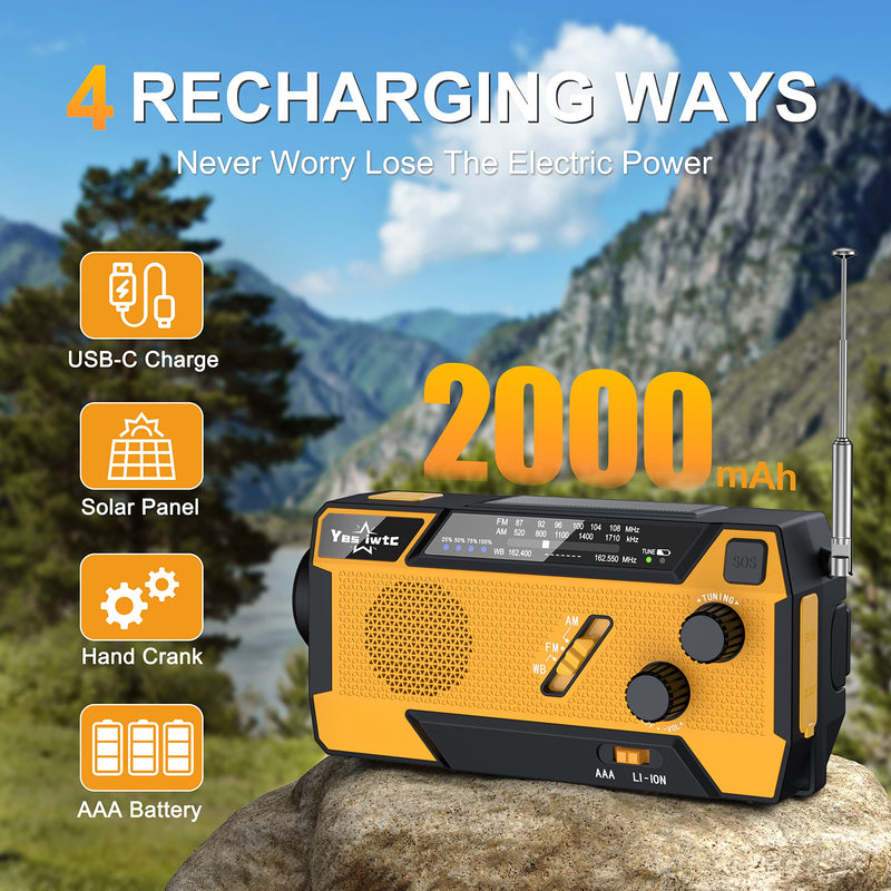 Yestiwc 7400mWh Emergency Crank Radio, Hand Crank Solar Radio, Battery Radio Emergency with NOAA/AM/FM, Power Bank, Hand Crank/SOS Alert&Flashlight Reading Lamp for Emergency Camping Storm Survival Orange
