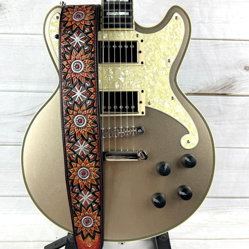 Walker & Williams LIH-3 Cherry Burst Red Hand Carved Premium Leather Guitar Strap With Black Zodiac Star Design And Premium Padded Leather Back For Acoustic, Electric, And Bass Guitars
