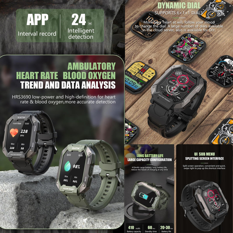 Military Smart Watch for Men(Answer/Make Calls), 1.81”AMOLED 5ATM Waterproof Fitness Watch with Heart Rate/SpO2/Blood Pressure, Bluetooth Smartwatch for Android iPhone, with 3 Watch Bands (Green) Green