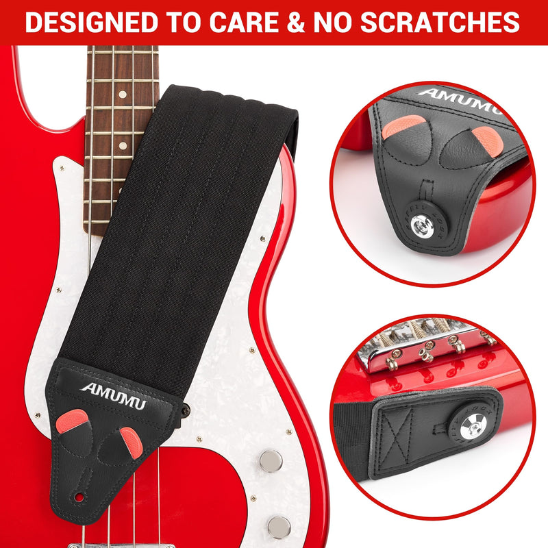 Amumu AIRCELL Bass & Guitar Strap 4" Ultra Wide - 0.7" Thick Breathable Convex 3D Air Cell Cushions - Neoprene Padding - Cotton Canvas Top - Adjustable Length 48"-63"(Long) Black 48"-63"(Long)