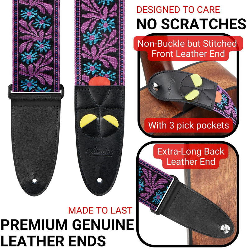 Amumu Guitar Strap Jacquard Purple Blue Flower for Bass, Electric & Acoustic Guitar Accessories