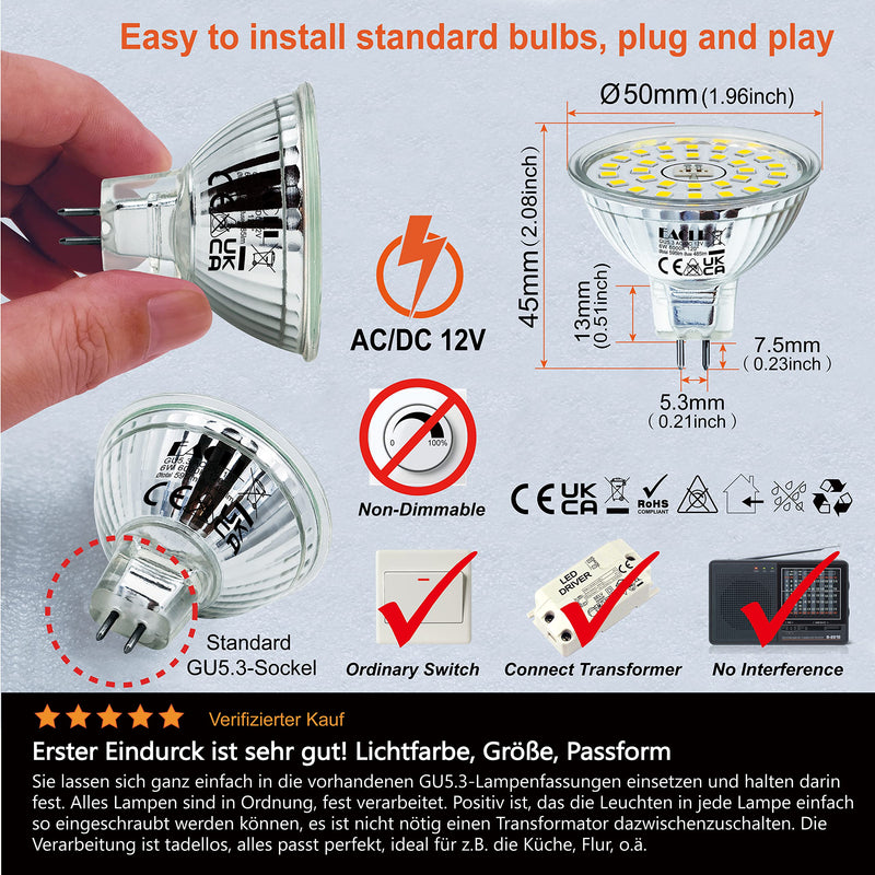 EACLL GU5.3 LED Cool White 6 W Replaces 50 W Halogen MR16 Bulb, Pack of 6, 595 Lumen 6000 K Bulb, AC/DC 12 V Flicker-Free Spotlight, Beam Angle 120 Degree Spot, Non-Dimmable Reflector Lamps 6000 K Cool White Light 6 pcs (pack of 1) 6w