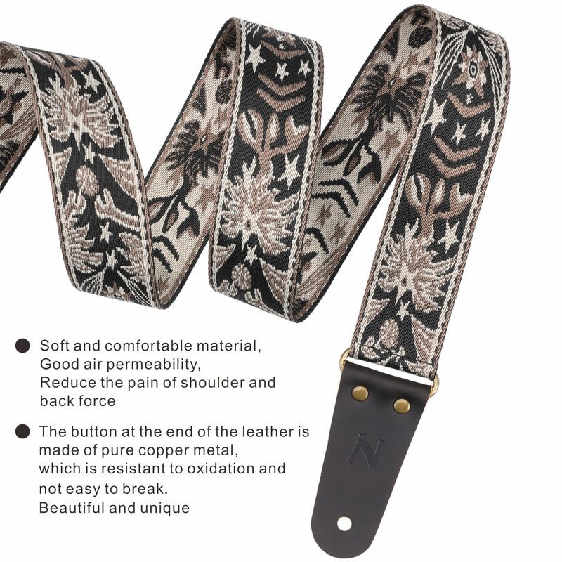 Nefelibata Guitar Strap, 2" Embroidery Full Grain Leather Ends Guitar Straps with Hidden Pocket, for Bass, Electric and Acoustic Guitars, Strap Button, Strap Locks and Guitar Picks Mystery Totem-beige