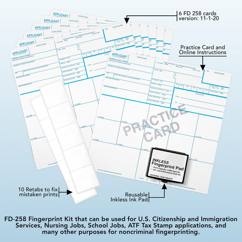 Made in USA - FD 258 Fingerprint Card 2025 Kit Full (6 Cards + 1 Practice Card) w/Reusable Ink Pad, Correction Tabs, Instructions FD258