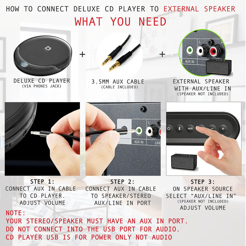 Deluxe Products CD Player Portable with 60 Second Anti Skip, Stereo Earbuds, Includes Aux in Cable and AC USB Power Cable for use at Home or in Car Black_CD